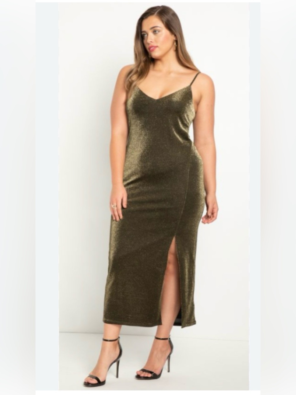 ELOQUII plus size Satin-Like Olive Green Slip Dress with Side Slit